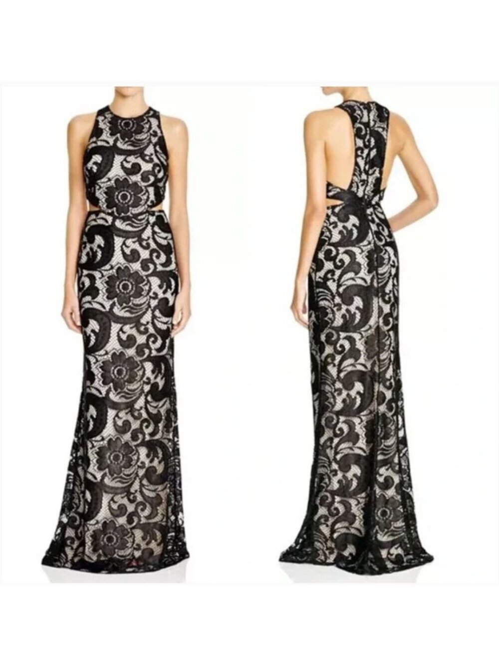 Alice + Olivia Adel Side Cutout Gown Floral Lace Black Sleeveless Formal XS